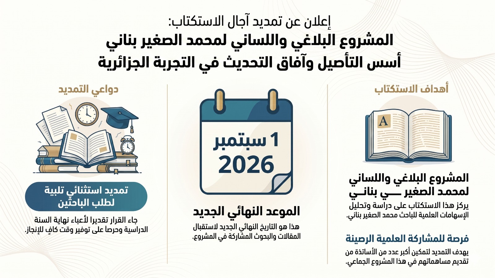 إعلان عن تمديد آجال الاستكتاب الجماعي في مؤلّف بعنوان: المشروع البلاغي واللّساني لمحمد الصغير بناني